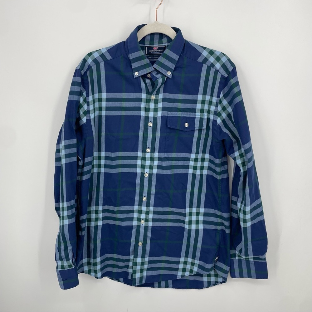 Vineyard Vines Shirt M Slim Fit Mens Performance Crosby Plaid Long Sleeve Blue